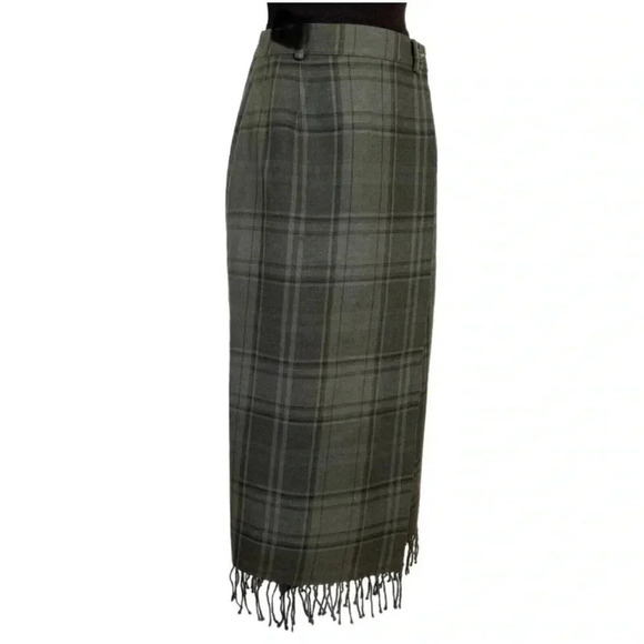 Ralph Lauren Women’s Vintage 80s 90s Olive Plaid Wool Fringe Preppy Skirt 10 - Picture 11 of 16